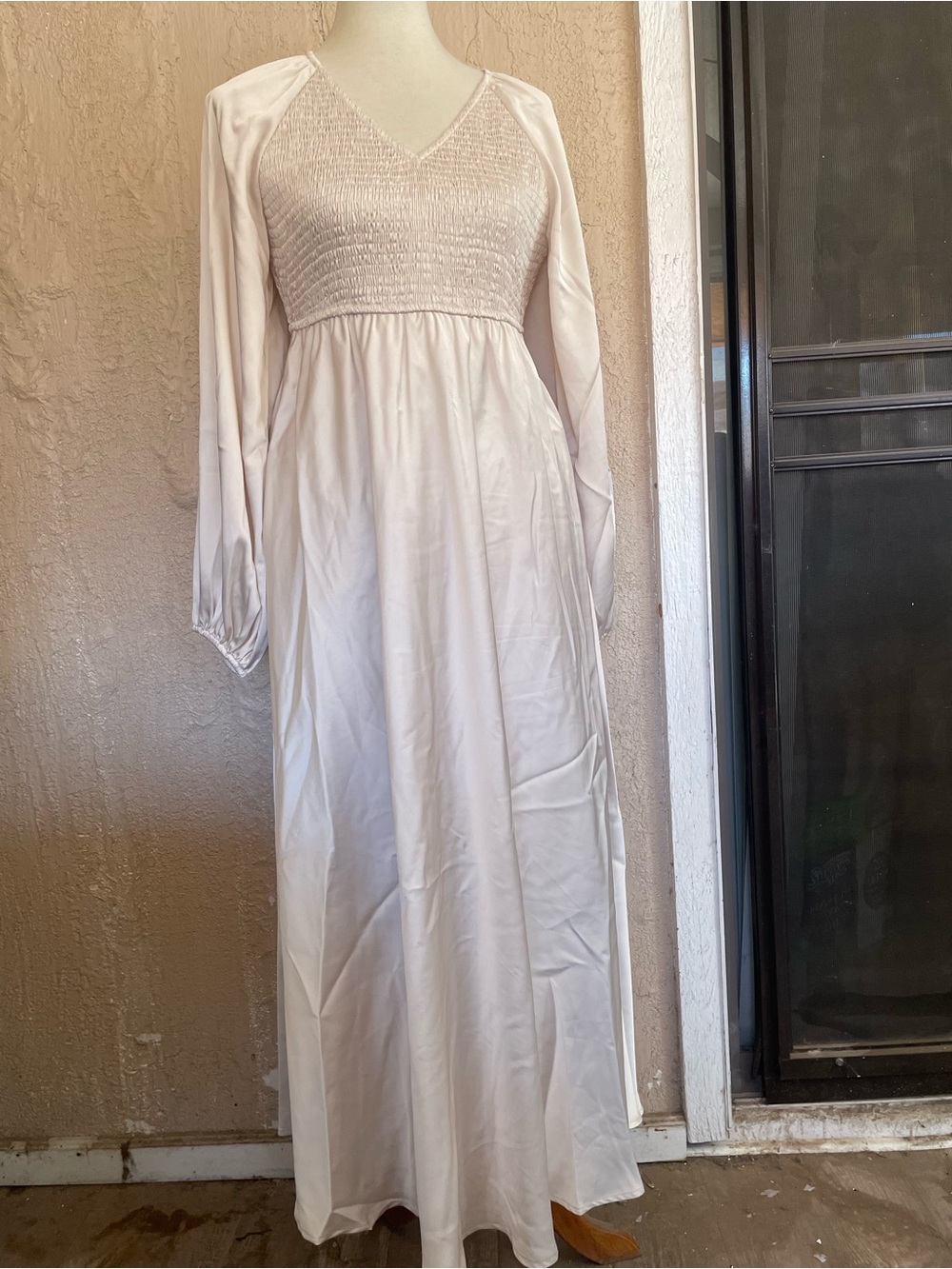 JODIFL Long Sleeve Satin V-Neck Maxi Dress in Cream